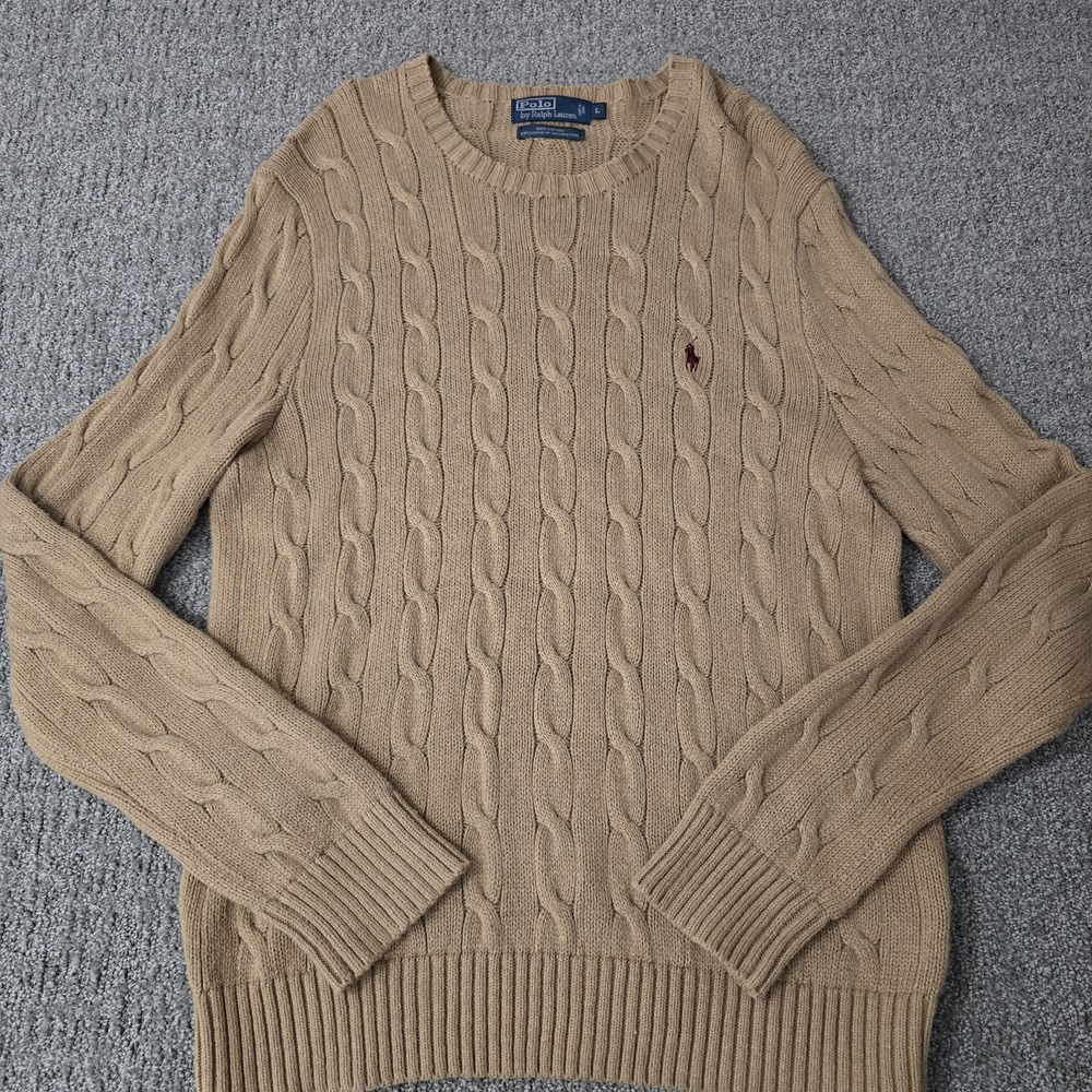 VTG Polo Ralph Lauren Mens L Cable Knit Sweater Tan 100% Cotton Crewneck Preppy